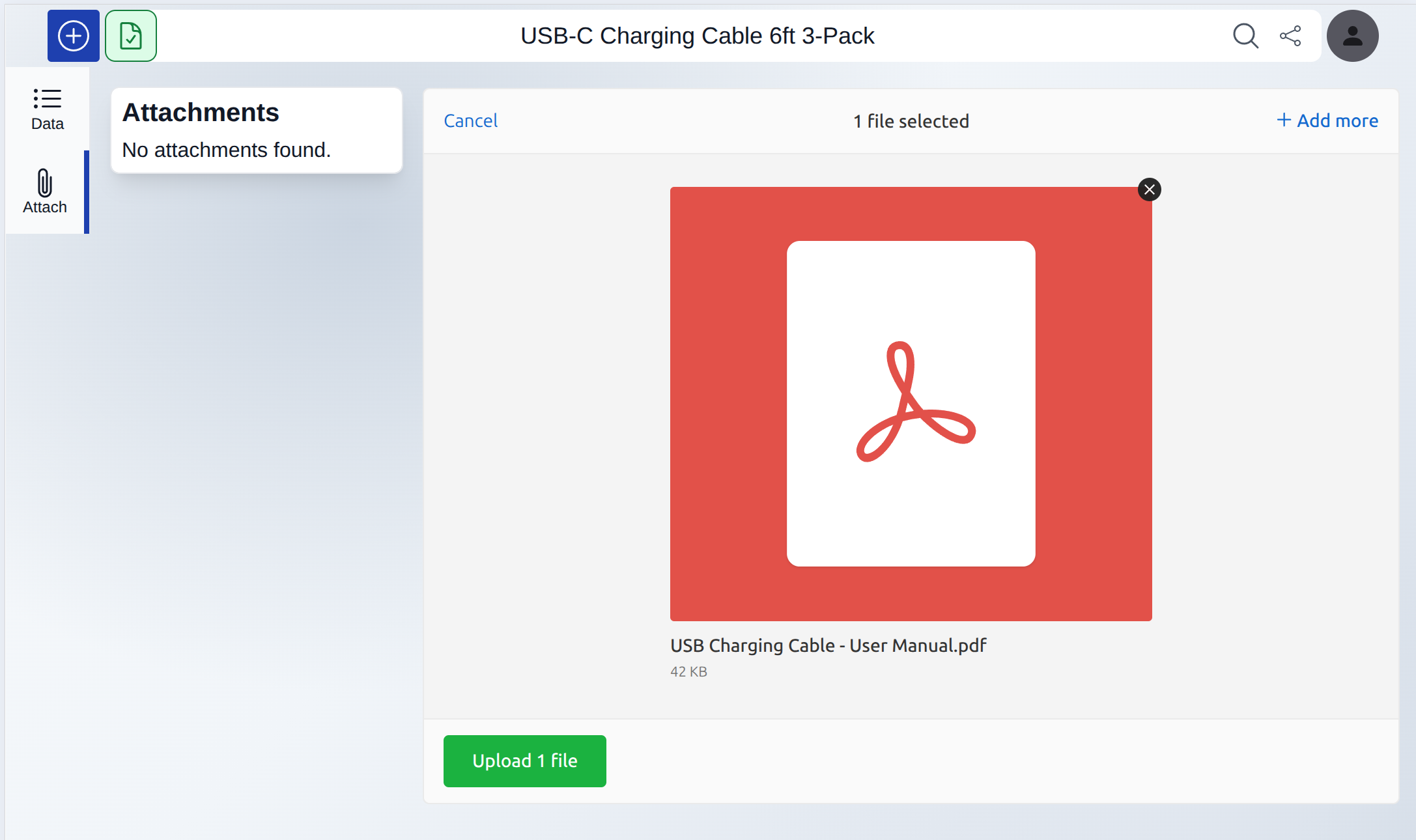 Screenshot showing attachment upload of a user manual
