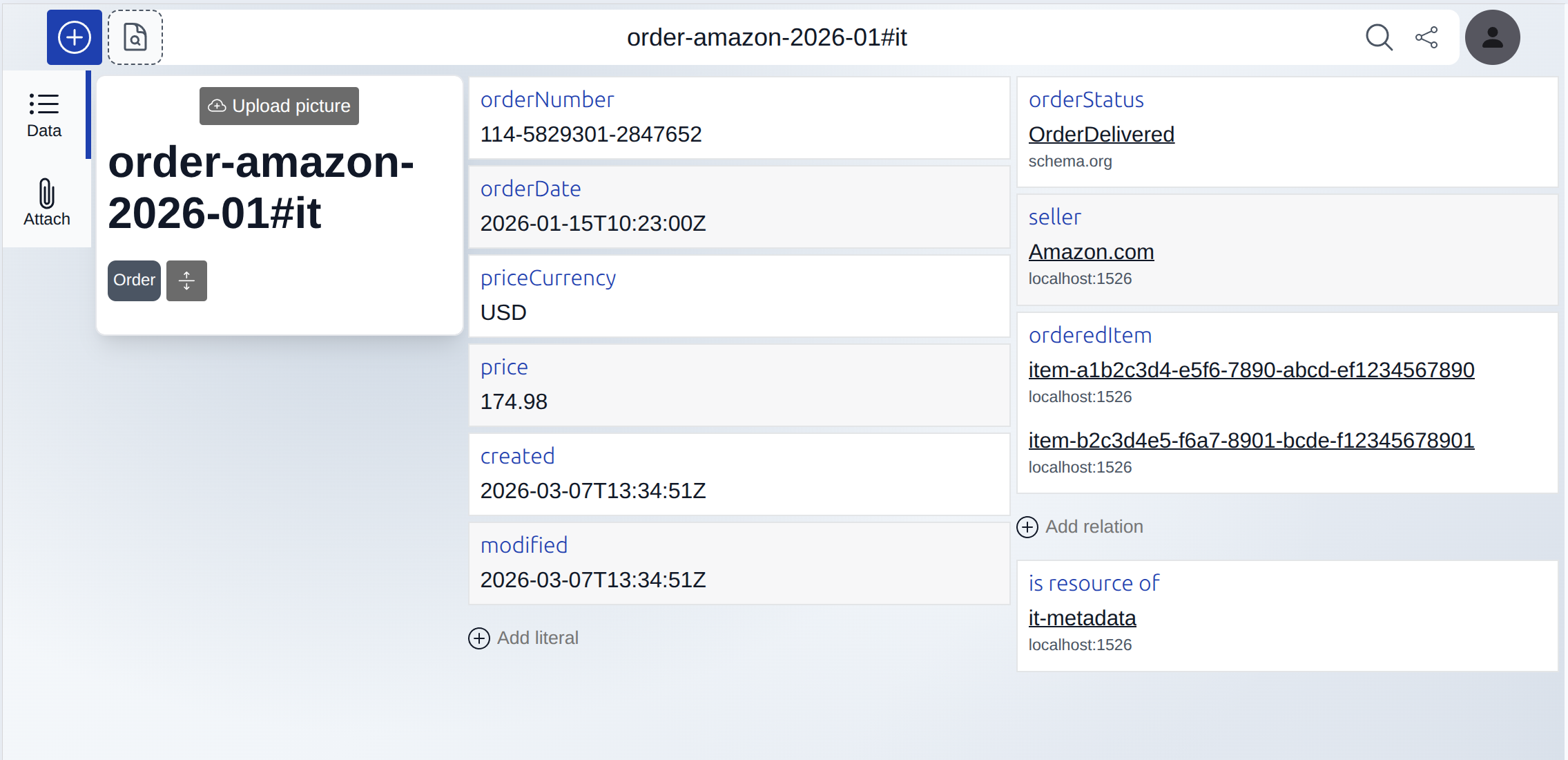 Screenshot showing order data