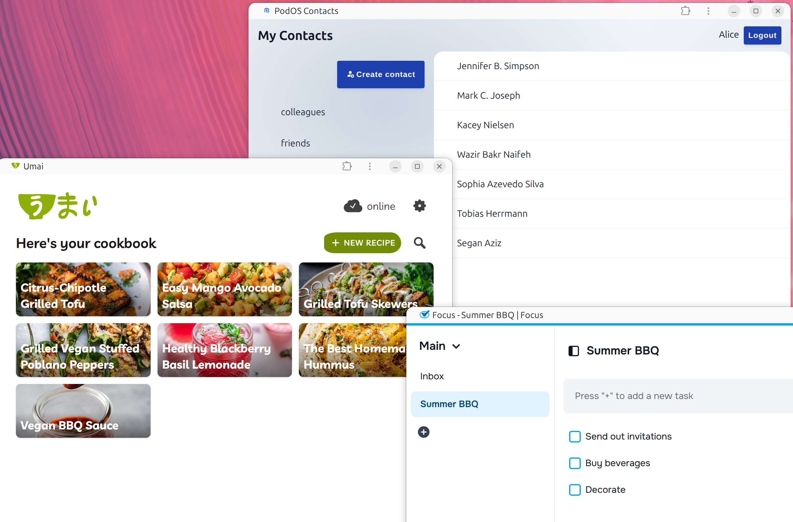 Party apps: Umai, Focus, and PodOS Contacts